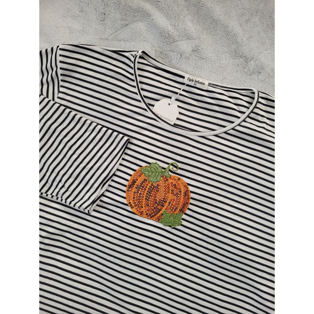 Womens Plus Size 3X Long Sleeve Black White Striped Shirt Autumn Fall Halloween